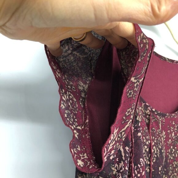 Burgundy Floral Chiffon flowy tunic scoop neck Short Sleeve Blouse size ~M - Picture 10 of 14